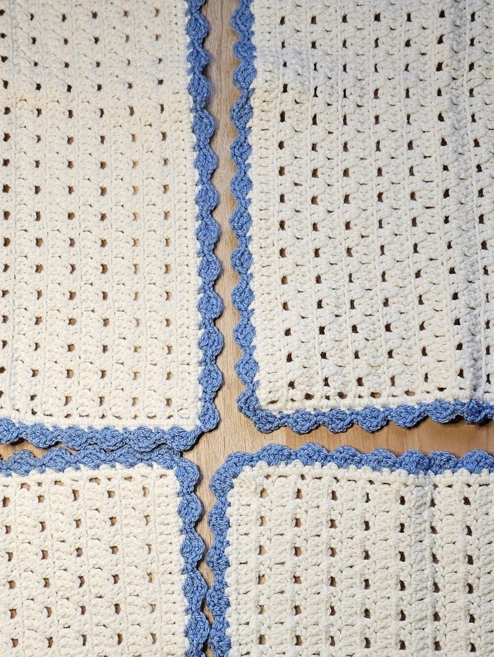 Handmade Crochet Placemats Set Of 4 Scalloped Edge Cream Blue